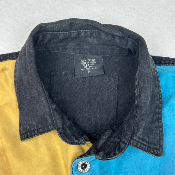 VTG MACHINE Patchwork Colorblock Denim Button Up Shirt & Jean Shorts Set Men's L